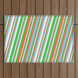 [ Thumbnail: Red, Sky Blue, Mint Cream, and Lime Green Colored Pattern of Stripes Outdoor Rug ]
