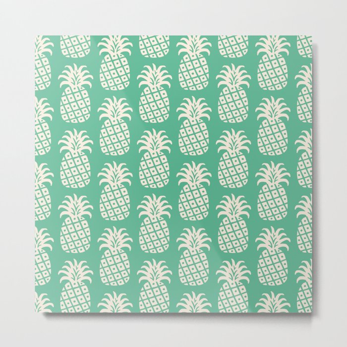 Mid Century Modern Pineapple Pattern Beige Green Metal Print