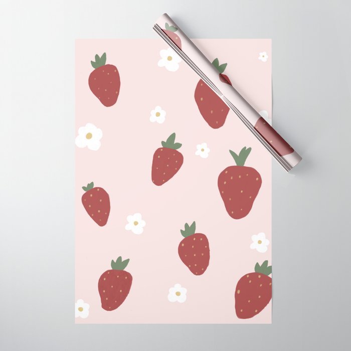 Cute Strawberry and Flowers Pattern Print Wrapping Paper by lobbygirl