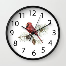 Christmas Red Cardinal Bird and Pine Watercolor Wall Clock