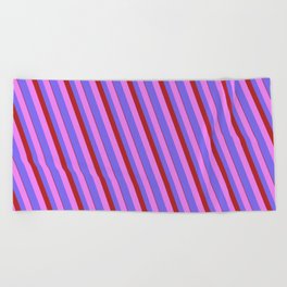 [ Thumbnail: Violet, Medium Slate Blue & Red Colored Lined Pattern Beach Towel ]