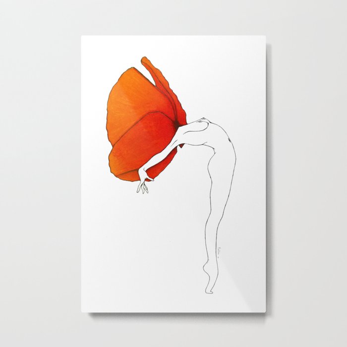 Poppy Girl · Flower Woman illustration, orange red, white background, minimal Metal Print