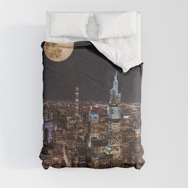 New York City Full Moon | NYC Skyline at Night | Photography and Collage Comforter