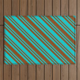 [ Thumbnail: Dark Turquoise & Brown Colored Lines/Stripes Pattern Outdoor Rug ]