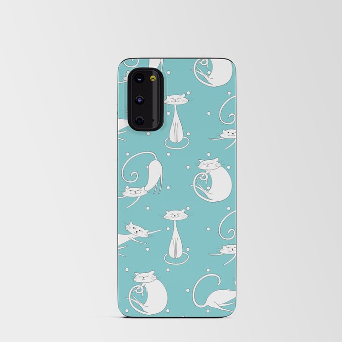 White Cats on blue background with polka dots Android Card Case