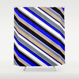 [ Thumbnail: Vibrant Slate Gray, Tan, Black, Blue, and White Colored Striped/Lined Pattern Shower Curtain ]