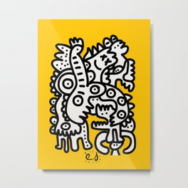 Black and White Cool Monsters Graffiti on Yellow Background Metal Print