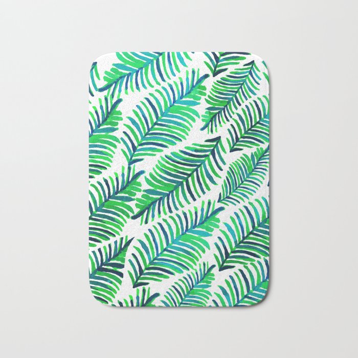 Palm Solace | Tropical Botanical Plants Nature Hand-Painted Watercolor Painting Bohemian Lush Green Bath Mat