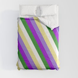 [ Thumbnail: Colorful Tan, Purple, Dark Violet, Forest Green, and White Colored Stripes/Lines Pattern Comforter ]