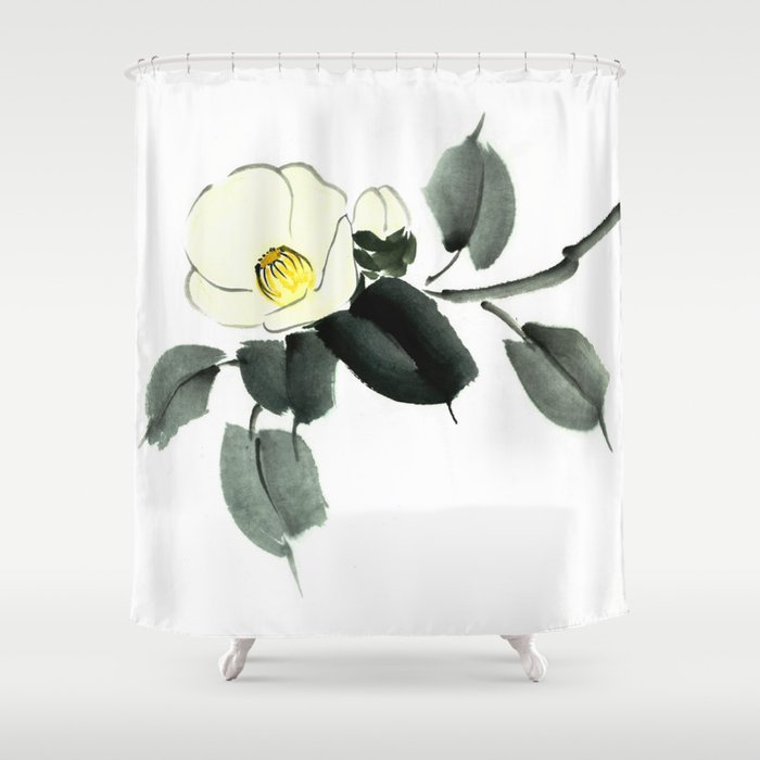 White camellia sumi ink and japanese watercolor painting Shower Curtain