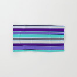 [ Thumbnail: Eye-catching Indigo, Turquoise, Light Gray, Slate Blue, and Dim Grey Colored Striped Pattern Hand & Bath Towel ]