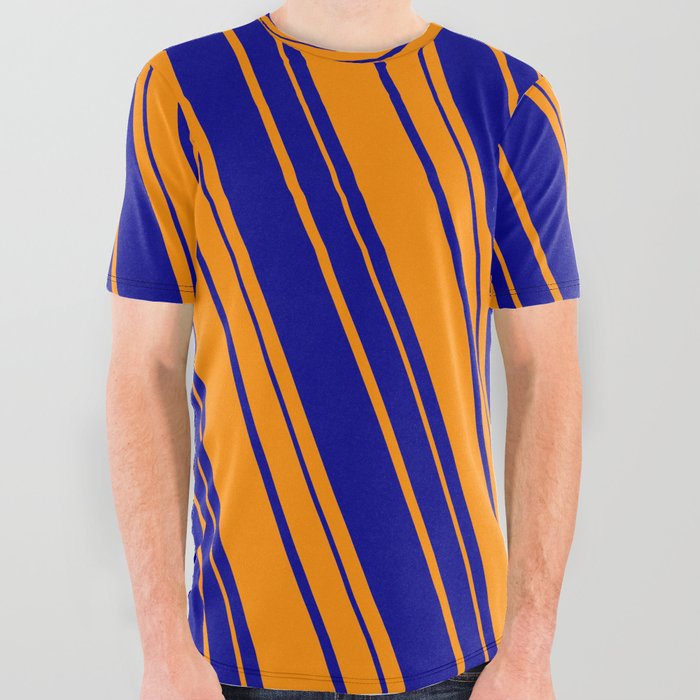 Dark Orange and Dark Blue Colored Lines Pattern All Over Graphic Tee