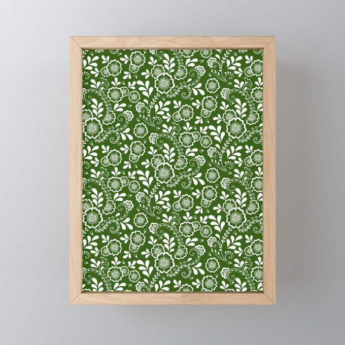 Green And White Eastern Floral Pattern Framed Mini Art Print