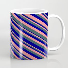 [ Thumbnail: Light Coral, Dark Slate Gray & Blue Colored Striped/Lined Pattern Coffee Mug ]
