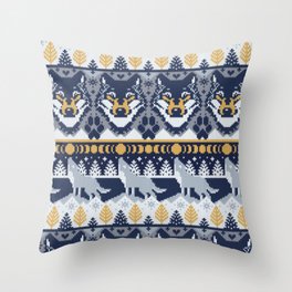 Fair isle knitting grey wolf // navy blue and grey wolves yellow moons and pine trees Throw Pillow