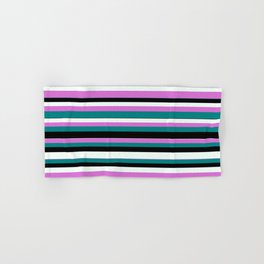 [ Thumbnail: Orchid, Teal, Black, and Mint Cream Colored Striped/Lined Pattern Hand & Bath Towel ]