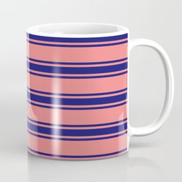 [ Thumbnail: Light Coral and Midnight Blue Colored Striped/Lined Pattern Coffee Mug ]