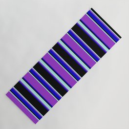 [ Thumbnail: Dark Orchid, Turquoise, Black, and Blue Colored Striped/Lined Pattern Yoga Mat ]