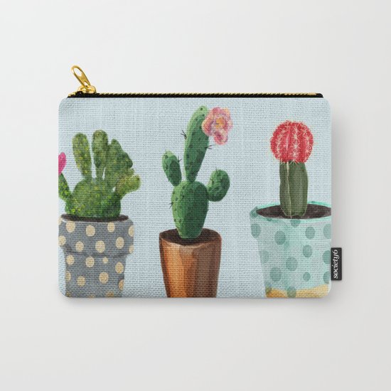 Three Cacti With Flowers On Light Blue Background Carry-All Pouch