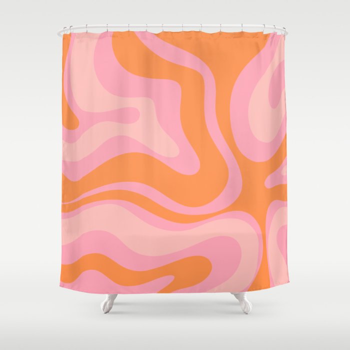 Modern Liquid Swirl Abstract Pattern Square in Retro Pink and Orange Shower Curtain