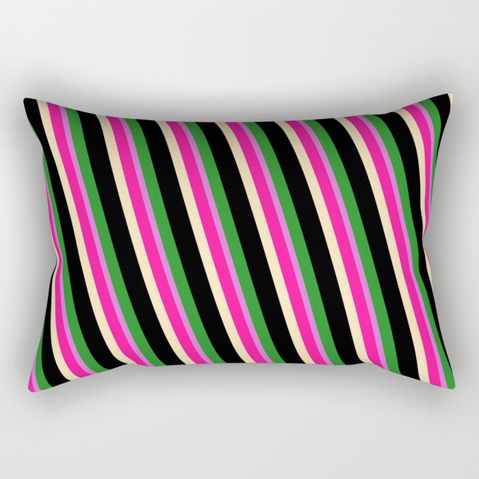 Vibrant Deep Pink, Beige, Black, Forest Green, and Orchid Colored Lines Pattern Rectangular Pillow