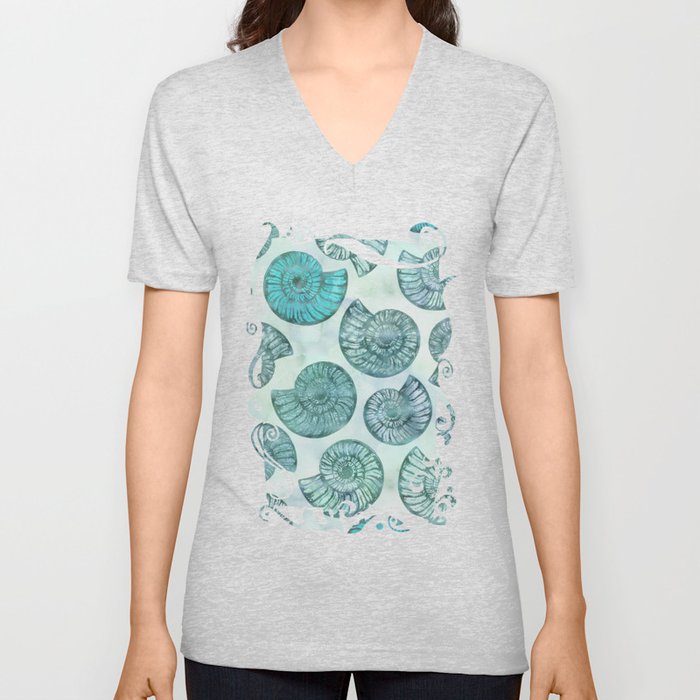 Shimmering Underwater Shell Scenery Aqua Colors V Neck T Shirt