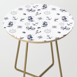 Navy Blue Silhouettes Of Vintage Nautical Pattern Side Table
