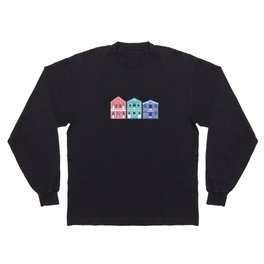 Colourful Portuguese houses // navy blue background rob roy yellow mandy red electric blue and peacock teal Costa Nova inspired houses Long Sleeve T-shirt