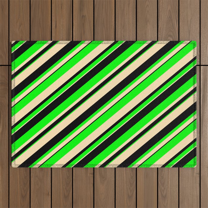 Beige, Black & Lime Colored Lined/Striped Pattern Outdoor Rug