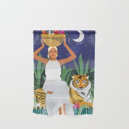 Tiger Camping, Wildlife Wild Jungle Illustration, Modern Bohemian Black Woman, Starry Night Moon Wall Hanging