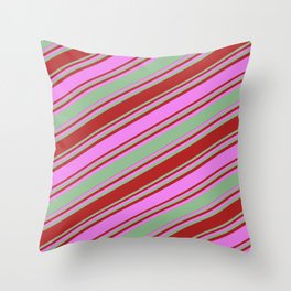 [ Thumbnail: Dark Sea Green, Red, and Violet Colored Stripes Pattern Throw Pillow ]