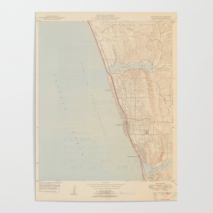 Encinitas, CA from 1949 Vintage Map - High Quality Poster