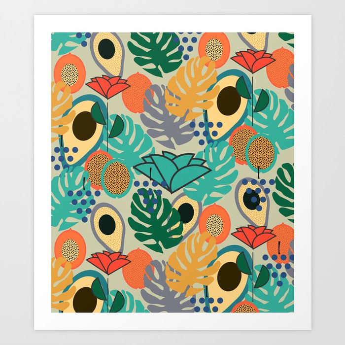 Monstera, fruits and flowers Art Print by CocoDes | Society6