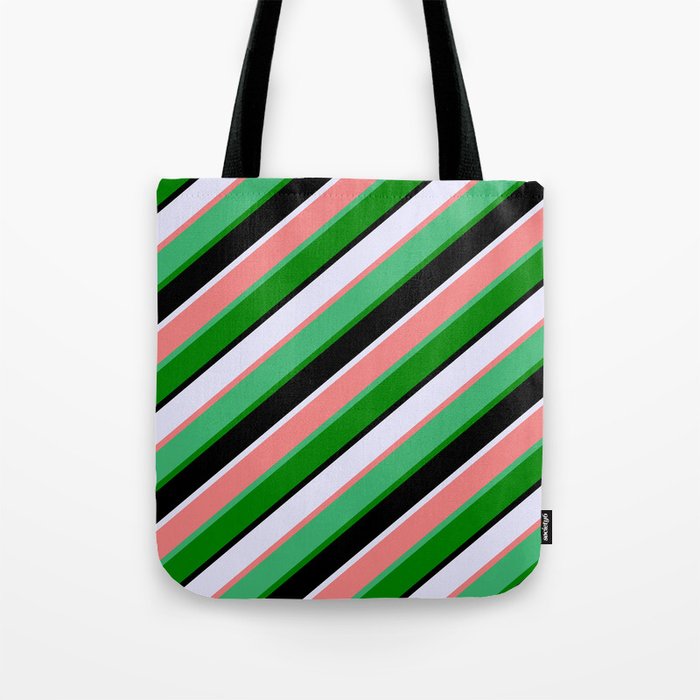 Vibrant Lavender, Light Coral, Sea Green, Green & Black Colored Stripes/Lines Pattern Tote Bag