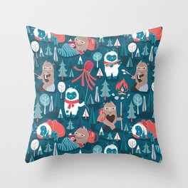 Besties // blue background white Yeti brown Bigfoot blue pine trees red and coral details Throw Pillow
