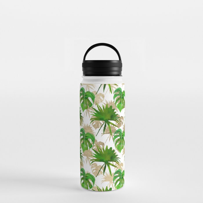 Tropical green gold watercolor palm tree monstera leaves  Water Bottle