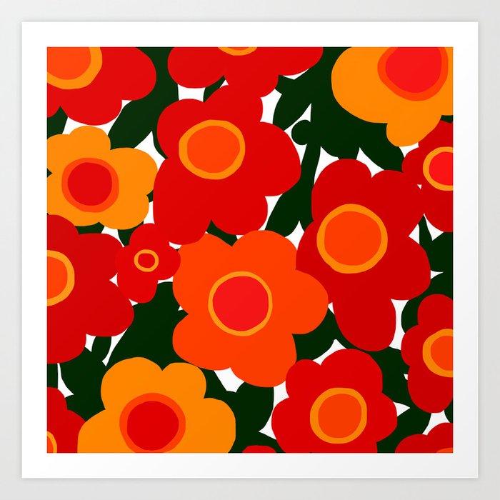 Retro Flower Meadow Red and Orange Petals White Background #decor #society6 #buyart Art Print