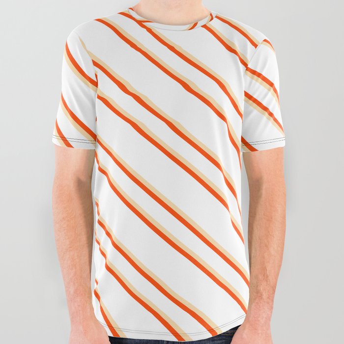 White, Tan, and Red Colored Stripes/Lines Pattern All Over Graphic Tee