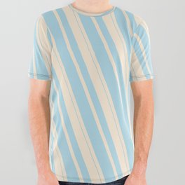 [ Thumbnail: Beige & Light Blue Colored Striped Pattern All Over Graphic Tee ]