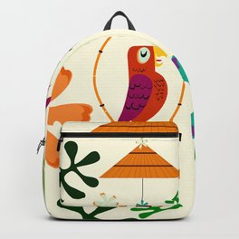 Vintage Modern Tiki Birds Backpack | Hawaiian, Curated, Retro, Whimsical, Tropical, Tropics, Graphicdesign, Hawaii, Jungle, Parrot 