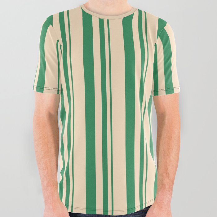 Sea Green & Bisque Colored Stripes Pattern All Over Graphic Tee