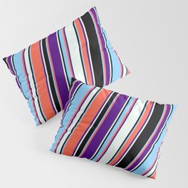 [ Thumbnail: Eyecatching Red, Indigo, Mint Cream, Black, and Light Sky Blue Colored Pattern of Stripes Pillow Sham ]