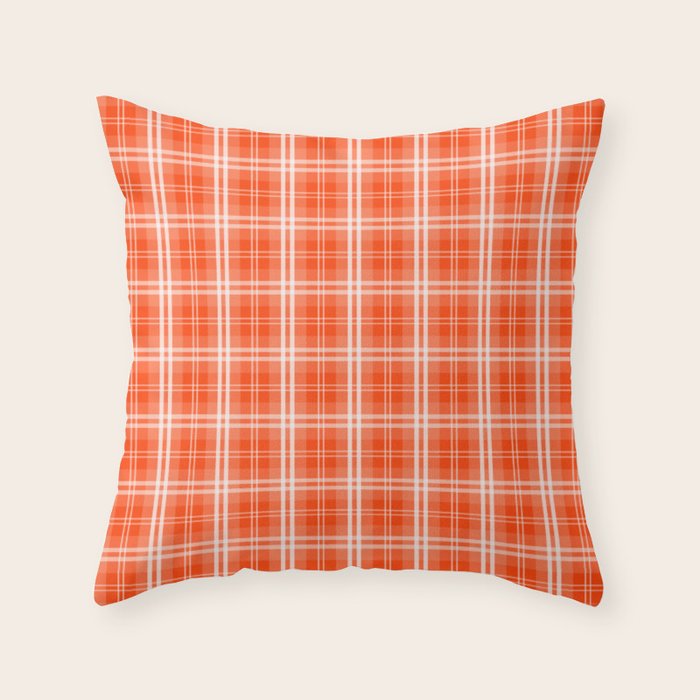 Bright Neon Orange And White Tartan Plaid Check Throw Pillow By