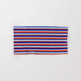 [ Thumbnail: Light Sky Blue, Red, and Blue Colored Lines/Stripes Pattern Hand & Bath Towel ]