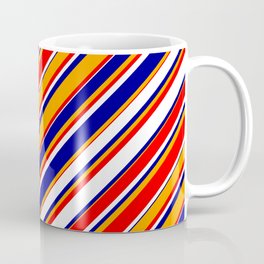 [ Thumbnail: White, Dark Blue, Orange & Red Colored Stripes/Lines Pattern Coffee Mug ]