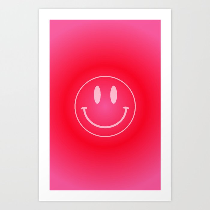 Cute Simple Pink and Red Gradient Background with Smiley Face Art Print