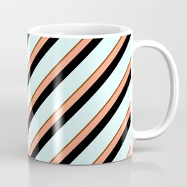 [ Thumbnail: Brown, Light Salmon, Black & Light Cyan Colored Stripes Pattern Coffee Mug ]