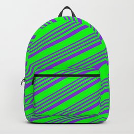 [ Thumbnail: Purple & Lime Colored Pattern of Stripes Backpack ]