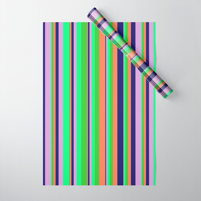 Vibrant Lime Green, Coral, Midnight Blue, Plum, and Green Colored Lines/Stripes Pattern Wrapping Paper