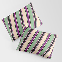 [ Thumbnail: Dark Sea Green, Purple, Bisque, and Black Colored Lines Pattern Pillow Sham ]